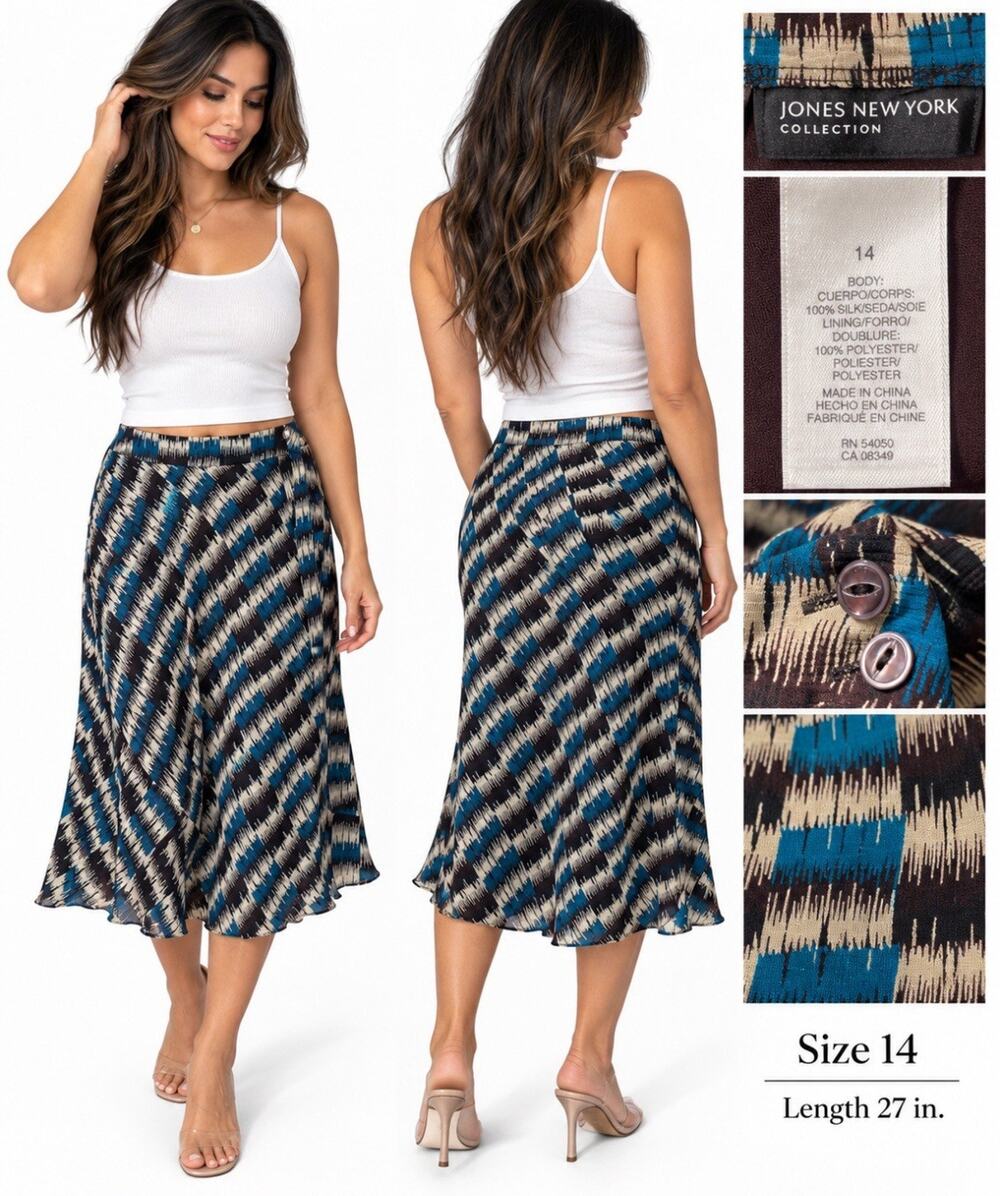 Y2K 2000s Boho Jones New York Women's A-Line Midi Skirt Size 14 Teal Brown Silk